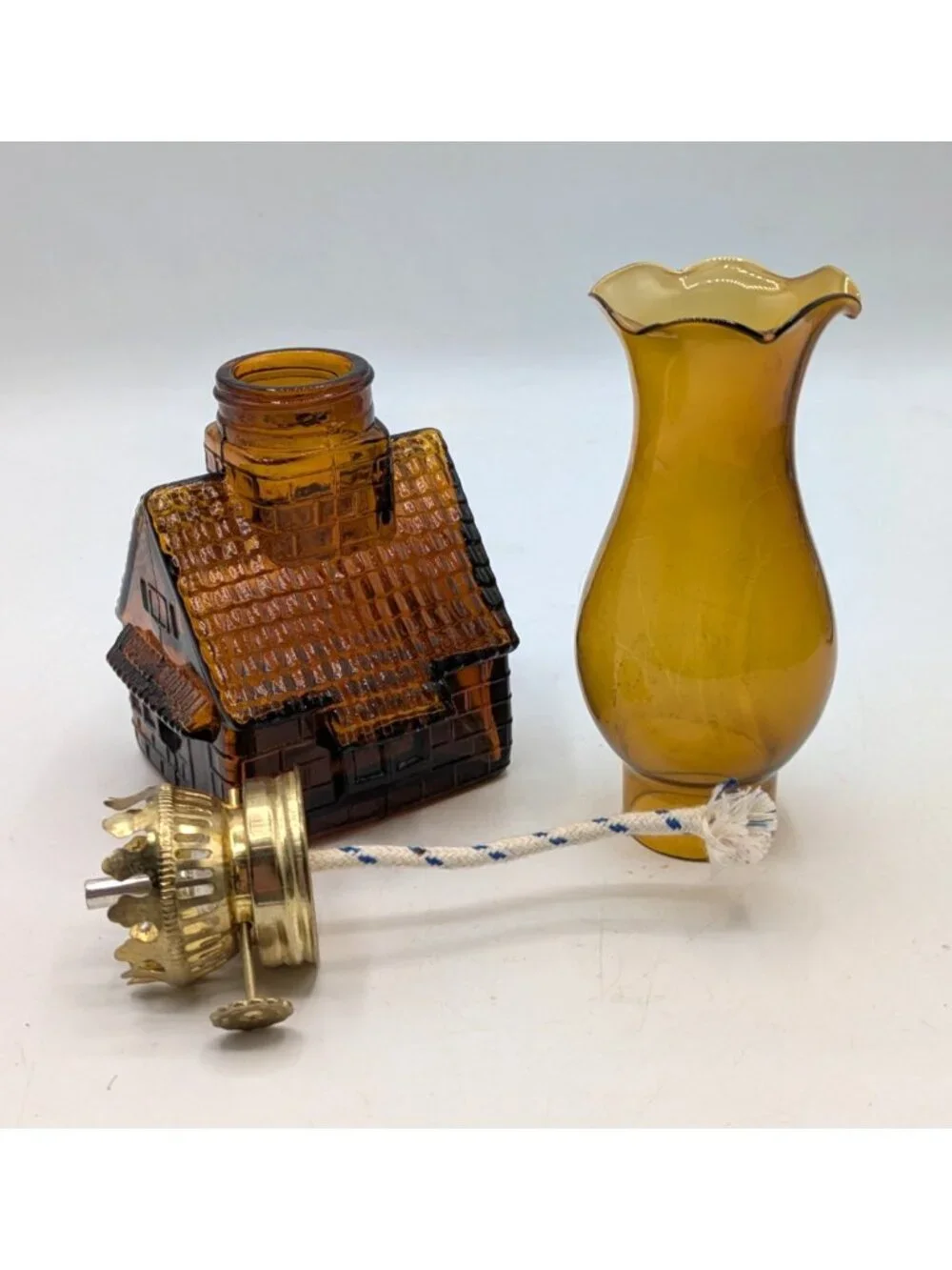 Vintage Cabin Shaped Amber Glass Mini Oil Lamp Lantern Made in Hong Kong 8.5